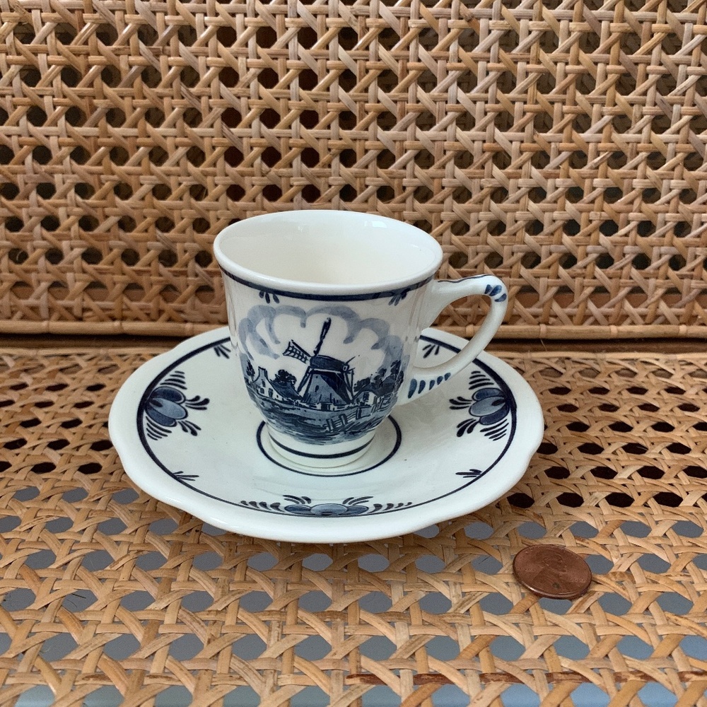 Vintage Delft Royal Goedewaagen Hand Painted Blue Demitasse Cup & Saucer Holland